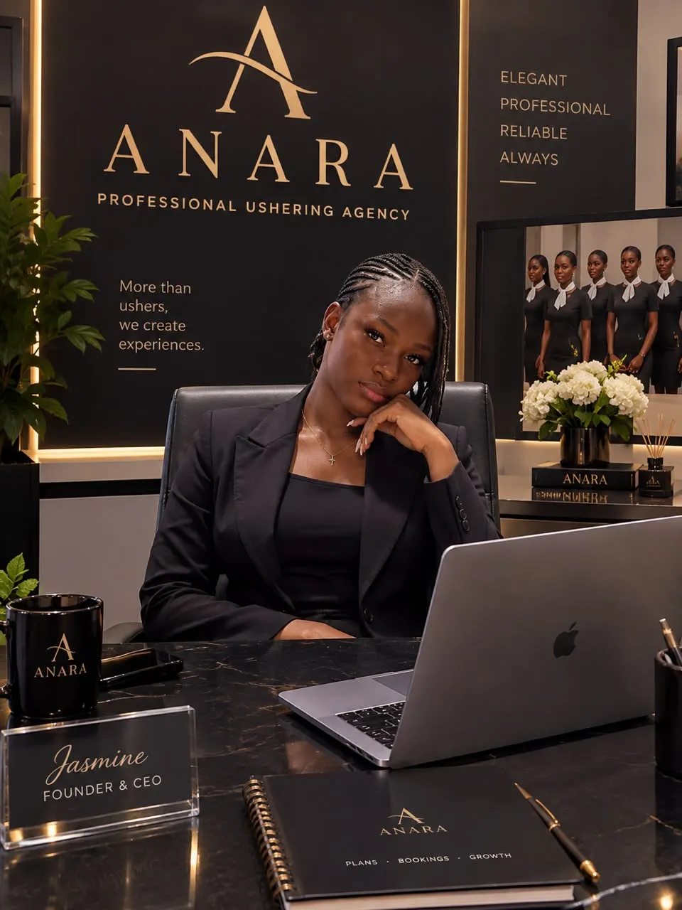 Favor Igwe, founder and CEO of Anara, seated at her desk in the Anara office